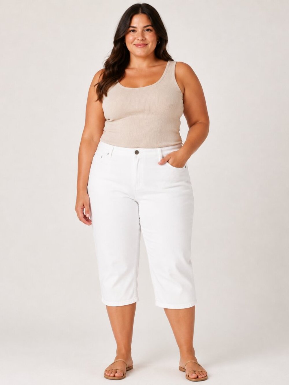 Basic Editions Woman White Capri Pants 26W Cotton Stretch Floral Trim Plus Size